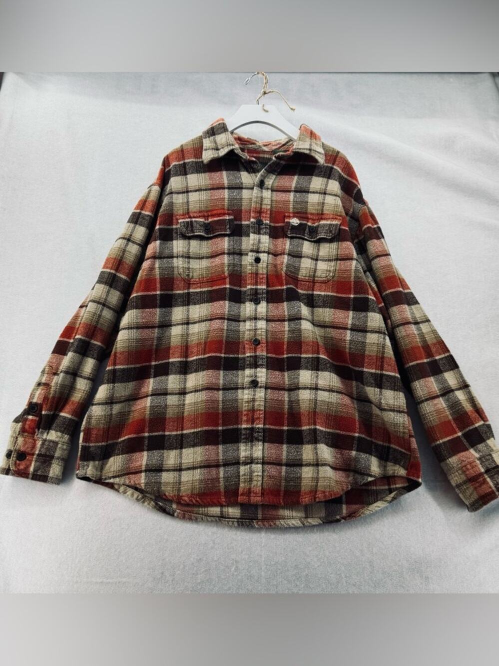 Timberland Long Sleeve Heavy Flannel Shirt Orange and Brown Plaid XL 100% cotton